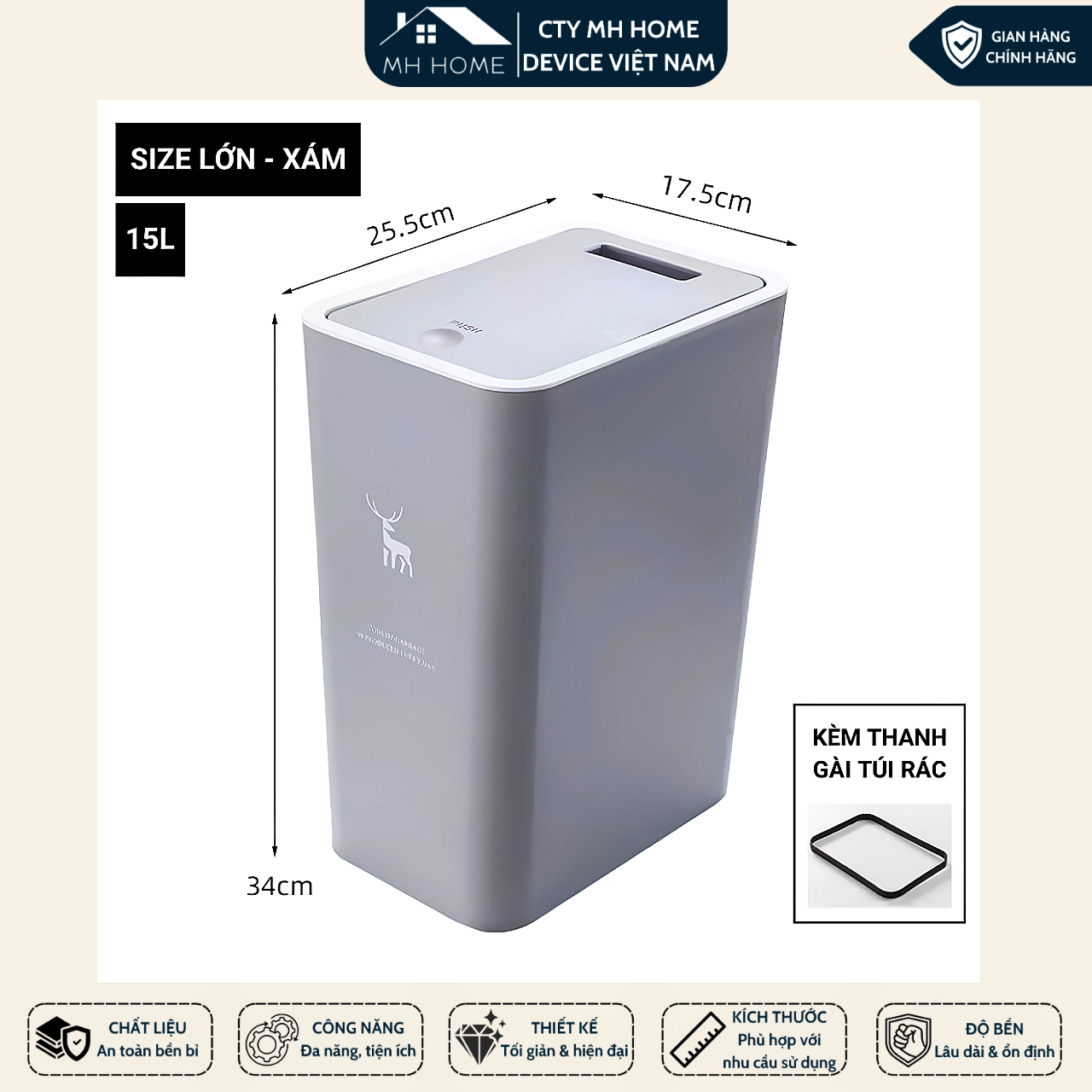 Thùng Rác 15L Nắp Bật Hình Hươu Nhựa PP Cao Cấp, Thiết Kế Nhấn Nút Tiện Lợi, Nhỏ Gọn Tiết Kiệm Không Gian Cho Gia Đình